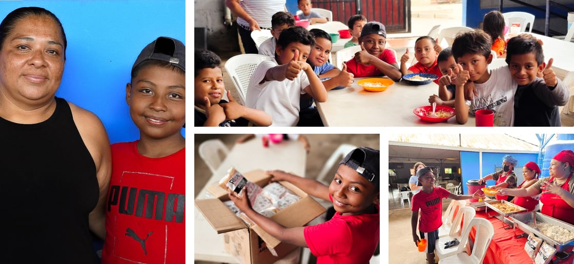Haudiel with his classmates, receiving Rise Against Hunger meals, opening a meal package box, and posing with his mother.