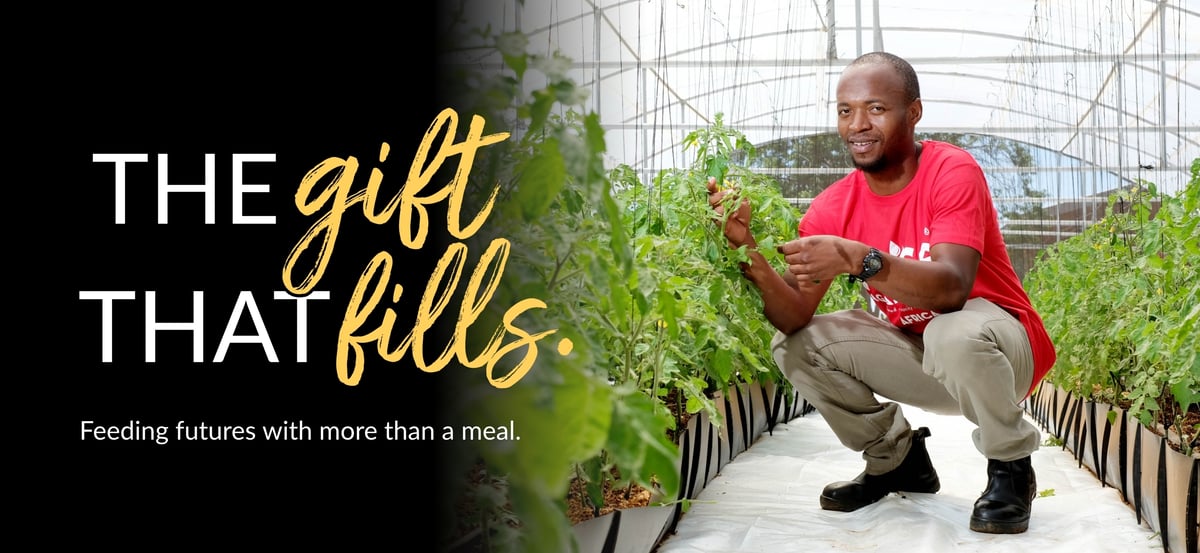 Email header image with "The Gift That Fills" wordmark and the tagline "Feeding futures with more than a meal." The photo is of a man harvesting plants