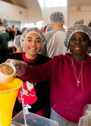 Students packaging meals.