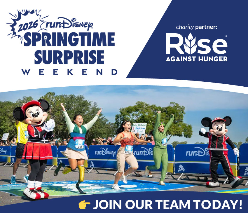 2026 runDisney Springtime Surprise Weekend logo with Charity Partner Rise Against Hunger. Photo of Mickey and Minnie Mouse with three happy women runners at the finish line. Click to join our team today. 